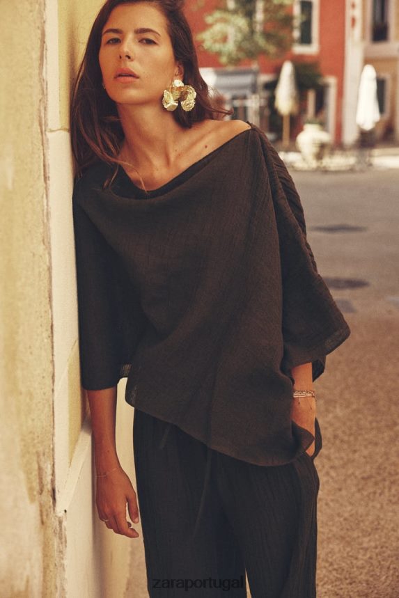 top de mistura de linho assimétrico mulheres Zara marrom escuro Z2080L280 roupas