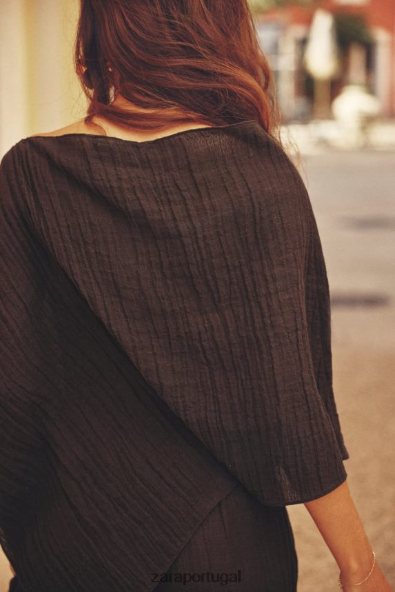 top de mistura de linho assimétrico mulheres Zara marrom escuro Z2080L280 roupas