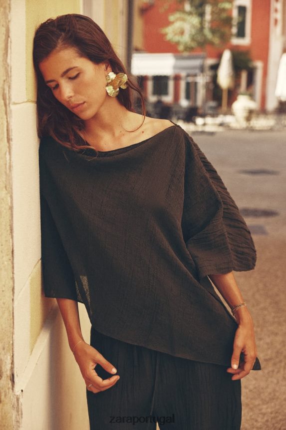 top de mistura de linho assimétrico mulheres Zara marrom escuro Z2080L280 roupas