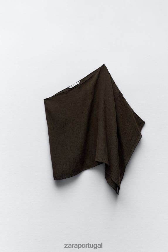 top de mistura de linho assimétrico mulheres Zara marrom escuro Z2080L280 roupas