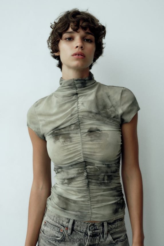 top de tule estampado mulheres Zara verdes Z2080L260 roupas