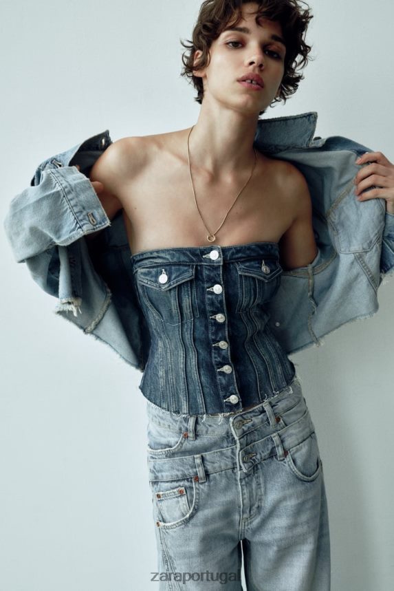 top espartilho jeans trf mulheres Zara azul Z2080L281 roupas