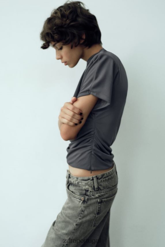 top franzido lateral mulheres Zara cinza antracite Z2080L258 roupas