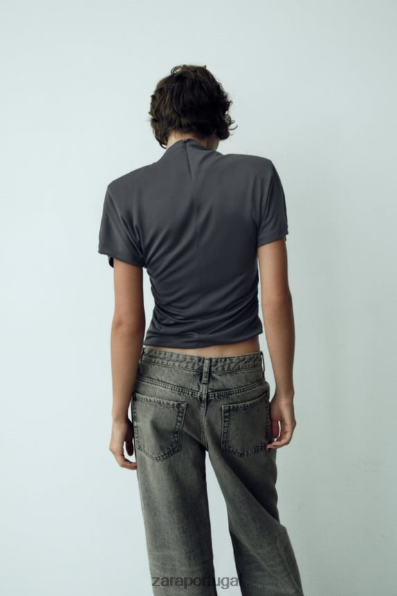 top franzido lateral mulheres Zara cinza antracite Z2080L258 roupas