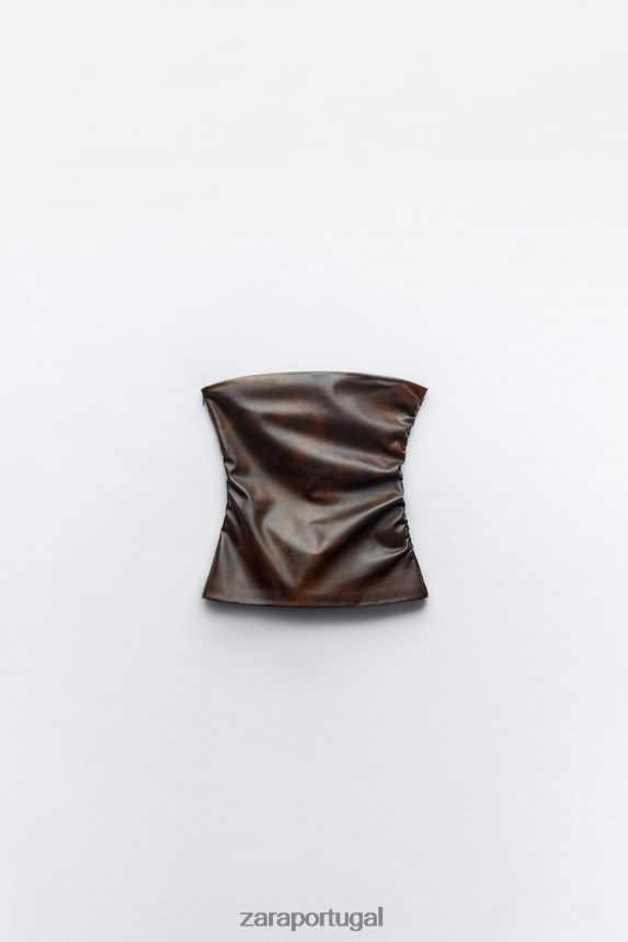 top sem alças de couro sintético mulheres Zara marrom escuro Z2080L265 roupas