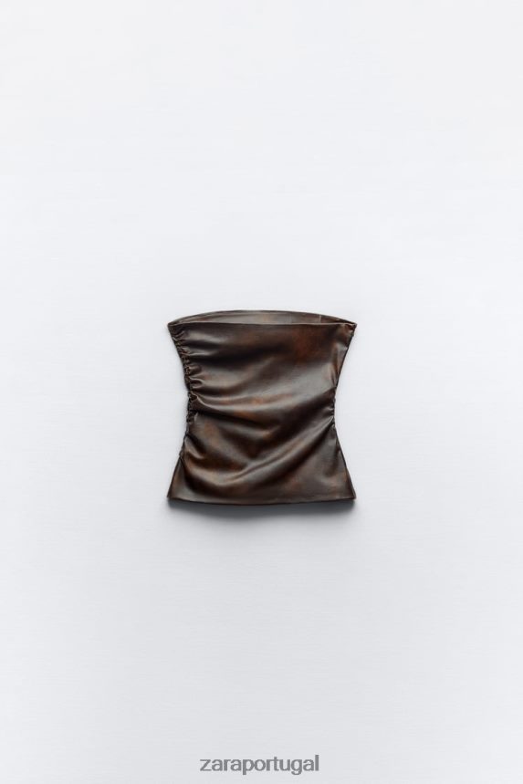 top sem alças de couro sintético mulheres Zara marrom escuro Z2080L265 roupas